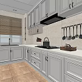 Modern White Kitchen Interior With Cabinets Stove Sink Hanging Utensils And Window Blinds