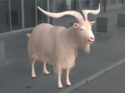 White Reptile With Long Curved Horns Standing On Gray Ground Near Glass Doors And Benches 3d model