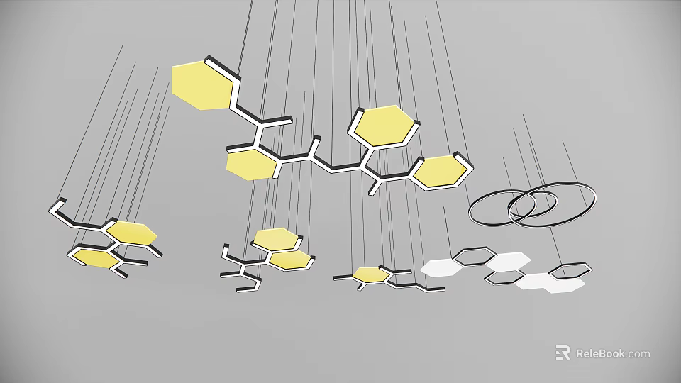 Hexagonal Pendant Lights With Yellow White Shades And Circular Ring Hanging Design 3d model