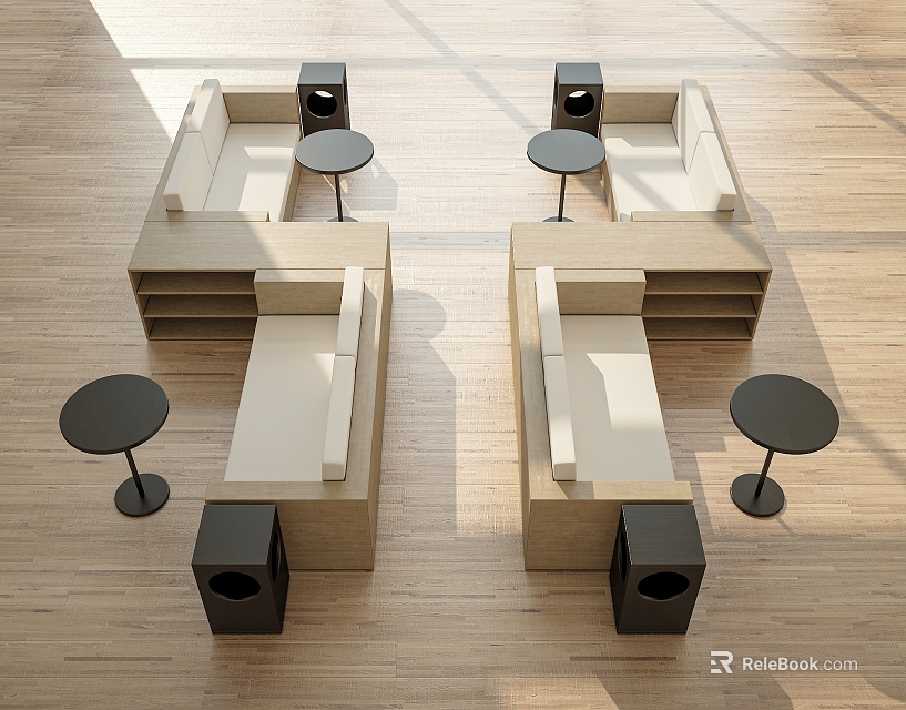 Modern Casual Sofa Set With Beige Seats Round Side Tables And Wooden Flooring 3d model 