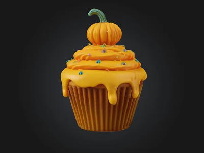 Pumpkin Topped Cupcake With Yellow Dripping Frosting And Colorful Sprinkles 3d model