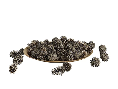 Natural Pine Cones On Golden Plate With Scattered Ones Around 3d model