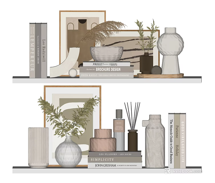 Modern Decorative Ornament Set With Ceramic Vases Stacked Books And Green Plants 3d model 