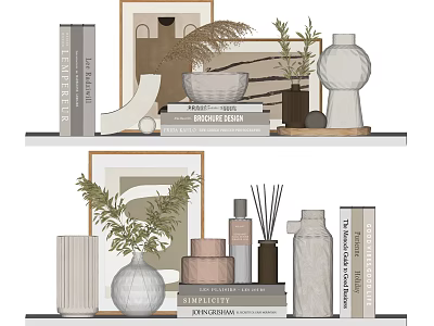 Modern Decorative Ornament Set With Ceramic Vases Stacked Books And Green Plants 3d model