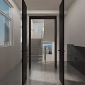 Long Modern Corridor With White Walls Ceiling Lights Black Doors And Paintings