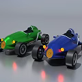 Green And Blue Vintage Race Cars With Open Cockpits Yellow Headlights And Black Tires