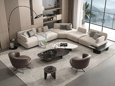 Modern L shaped Sofa Coffee Table Set With Grey Cushions Brown Accent Chairs And Large Windows 3d model