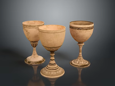 Three Vintage Decorative Ceramic Cups With Intricate Patterns And Ornate Bases 3d model
