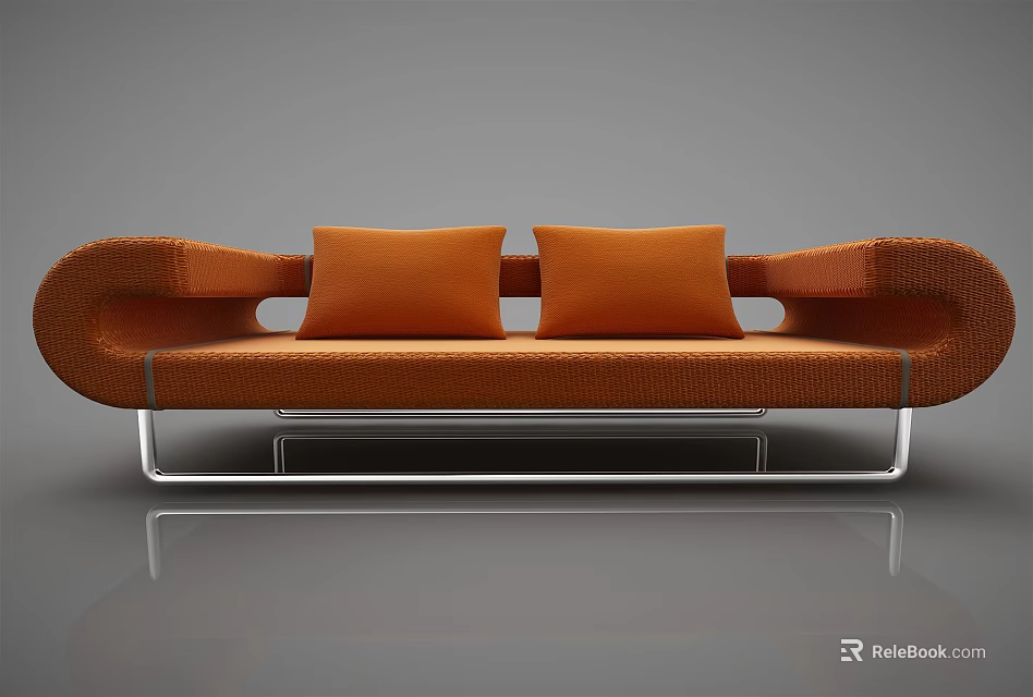 Modern Orange Sectional Sofa with Two Pillows Curved Armrests and Silver Metal Frame 3d model