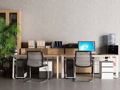 Office Desks in Modern Office Setup with Computers File Folders Green Plant and Filing Cabinets 3d model