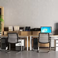 Office Desks in Modern Office Setup with Computers File Folders Green Plant and Filing Cabinets