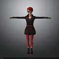 Woman with red hair wearing sunglasses black coat red pants black boots with arms outstretched