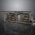 Industrial Building Structure Featuring Metal Framework Stone Walls Central Gate And Side Control Rooms