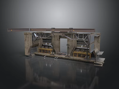 Industrial Building Structure Featuring Metal Framework Stone Walls Central Gate And Side Control Rooms 3d model