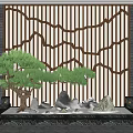 Courtyard Garden With Illuminated Wavy Wooden Slat Wall Pine Tree Rock Formations And Water Feature