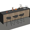 Modern Bar Counter With Black Top Wooden Cabinet Three Black Stools Fruit Decor And Sink