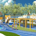 Park Landscape with Kids Playground Slide Climbing Structure Colorful Ground Trees Water for Family Fun