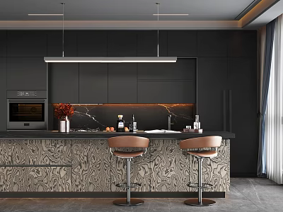 Modern Kitchen Interior With Black Cabinets Marble Countertop Bar Stools And Pendant Lights 3d model