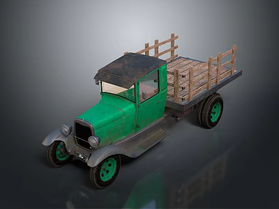 Realistic style old truck Ford truck wooden pallet round lamp green body retro wheel cab metal grille tire door 3d model