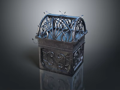 Vintage Style Dark Metal Decorative Box With Intricate Filigree Top And Carved Sides 3d model