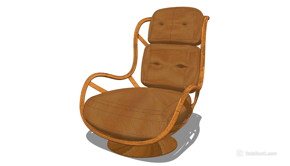 Comfortable Brown Leather Single Sofa With Curved Wooden Frame And Round Base 3d model 