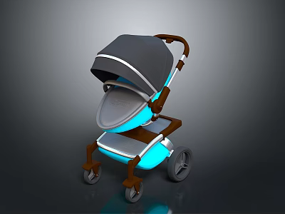 Modern Stroller With Gray Canopy Blue Lighting And Brown Frame Wheels 3d model