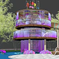 Colorful Multi Level Playground Equipment With Spiral Slide And Surrounding Trees