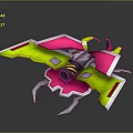 Futuristic Cosmic Spaceship With Green Pink Wings Thruster And Sharp Structures