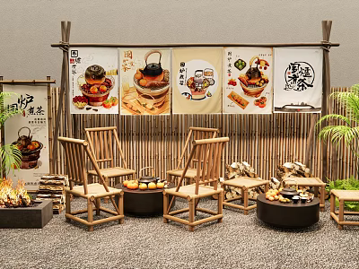 Japanese Style Outdoor Space With Bamboo Furniture Food Posters Campfire And Gravel Ground 3d model