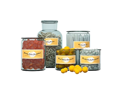 Mama's Pantry Glass Jars Filled With Various Colorful Foods And Yellow Round Snacks 3d model