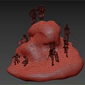 Roman Soldiers and Small Humanoid Figures on Rocky Mountain Sculpture with Dynamic Poses