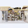 Modern Mall Retail Store Interior With Curved Structure Display Shelves And Green Plants