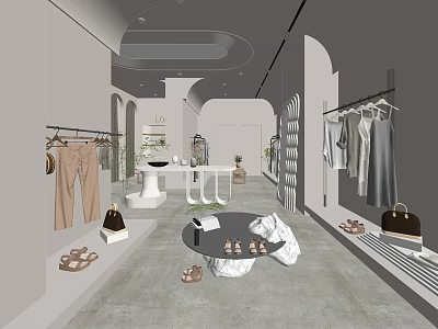 Modern Minimalist Clothing Store Interior With Clothing Racks Marble Tables Clothes Shoes And Bags 3d model