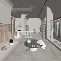 Modern Minimalist Clothing Store Interior With Clothing Racks Marble Tables Clothes Shoes And Bags