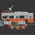 Orange and White Functional Vehicle with Caterpillar Tracks Turret and Red Oil Drums