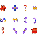 Colorful Geometric Shapes Featuring Orange Cross Blue Hashtag Yellow Circles Purple Rings
