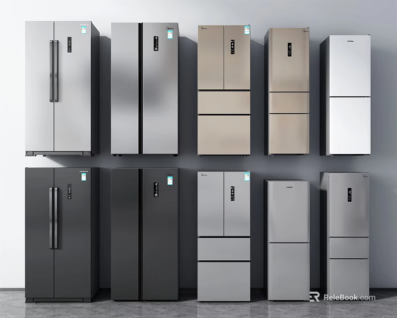 Modern Refrigerators and Freezers with Diverse Designs Multiple Colors and Door Styles 3d model 