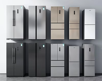 Modern Refrigerators and Freezers with Diverse Designs Multiple Colors and Door Styles 3d model