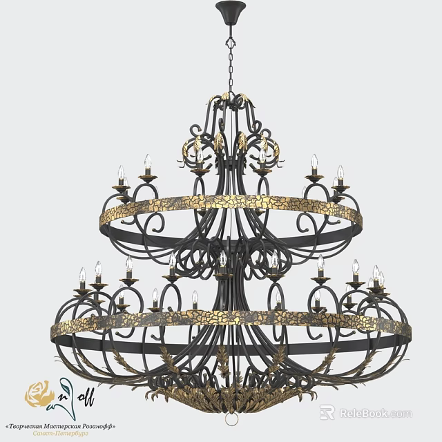 Ornate Multi Tiered Iron Chandelier With Gold Accents And Candle Style Lights 3d model 