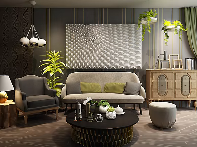 Modern Living Room Beige Sofa Coffee Table Set With Gold Accent Abstract Art Green Plants 3d model
