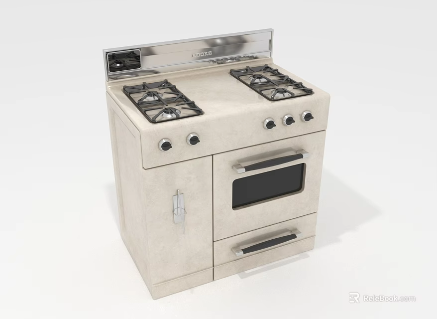 Beige Kitchen Appliance With Four Burner Gas Stove Double Drawer Oven And Stainless Steel Edge 3d model 