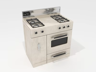 Beige Kitchen Appliance With Four Burner Gas Stove Double Drawer Oven And Stainless Steel Edge 3d model