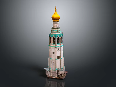 Traditional Tower Structure With Golden Dome Green White Decor And Windows 3d model