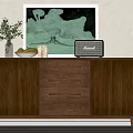 Elegant Walnut Console Cabinet With Drawers Plant Radio And Fruit Decor