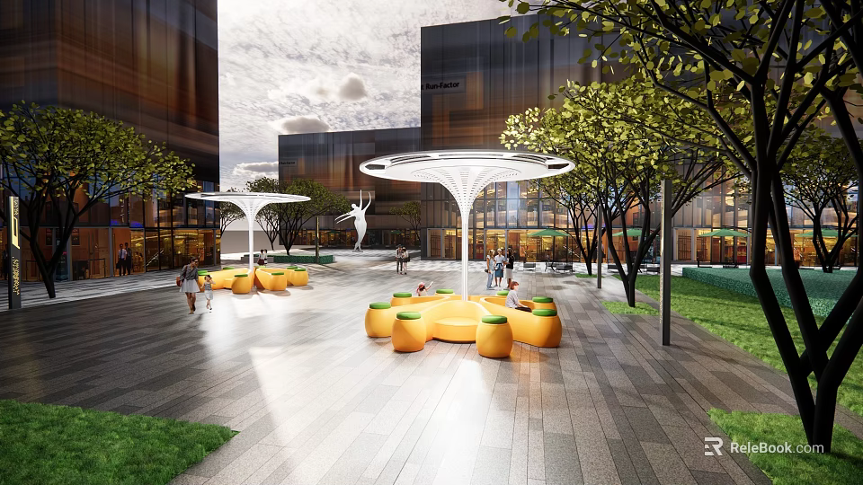 Urban Plaza Landscape With White Canopy Structures Orange Circular Seats And Green Trees 3d model 
