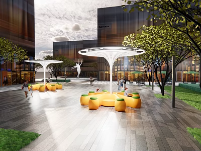 Urban Plaza Landscape With White Canopy Structures Orange Circular Seats And Green Trees 3d model