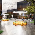 Urban Plaza Landscape With White Canopy Structures Orange Circular Seats And Green Trees