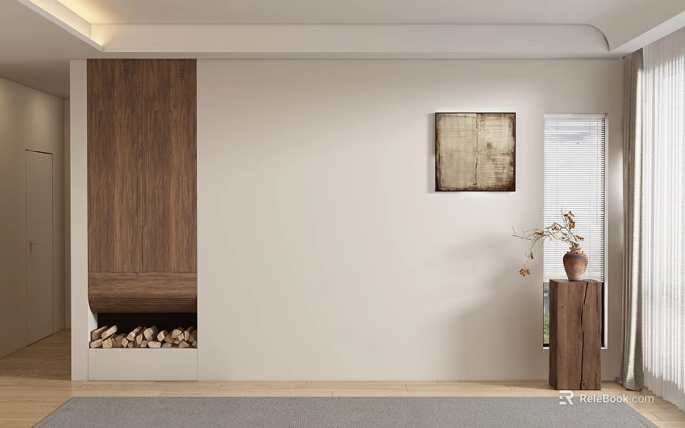 Modern Minimalist Sofa Background Wall with Wooden Cabinet White Wall Framed Art Fireplace and Vase 3d model 