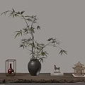 Bamboo in Black Vase with Red Lantern Deer Figurine and Chinese Pavilion on Wooden Shelf