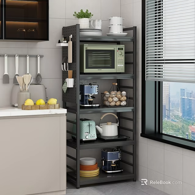Black Multi tier Kitchen Storage Shelf With Microwave Coffee Maker Jars Teapot And Plates 3d model 